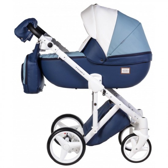 Коляска Adamex Luciano deluxe 2в1 Q272 белая кожа-голубая кожа-синяя кожа