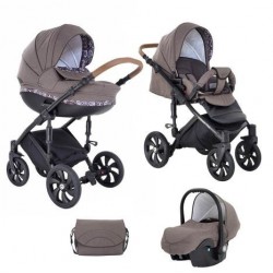 Коляска TUTIS 3 в 1 MIMI STYLE Кофейный лен/Шокол/белый узор кожа Шоколадная