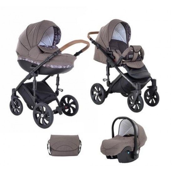 Коляска TUTIS 3 в 1 MIMI STYLE Кофейный лен/Шокол/белый узор кожа Шоколадная