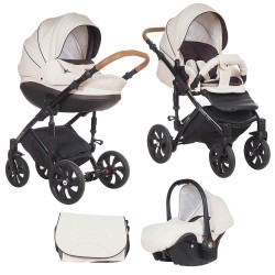 Коляска TUTIS 3 в 1 MIMI STYLE Молочный жаккард кожа Шоколад
