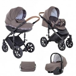 Коляска TUTIS 3 в 1 MIMI STYLE Кофейный лен Шокол/белый узор кожа Шоколадная