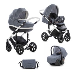 Коляска TUTIS 3 в 1 MIMI STYLE БЕЛАЯ РАМА Серый Лен/кожа Белая