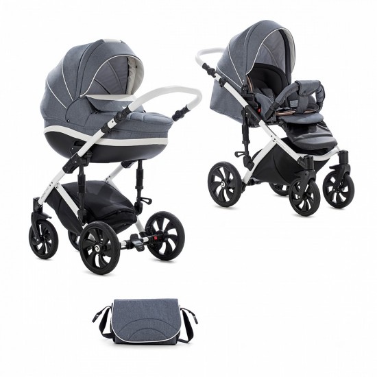 Коляска TUTIS 2 в 1 MIMI STYLE БЕЛАЯ РАМА Серый Лен/кожа Белая