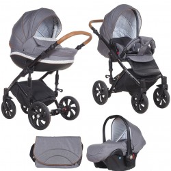 Коляска TUTIS 3 в 1 MIMI STYLE Серый Лен Серо/белый узор кожа Коричневая