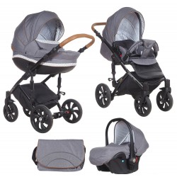 Коляска TUTIS 3 в 1 MIMI STYLE Серый Лен Серо/белый узор кожа Коричневая