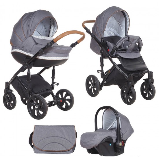Коляска TUTIS 3 в 1 MIMI STYLE Серый Лен Серо/белый узор кожа Коричневая