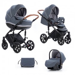 Коляска TUTIS 3 в 1 MIMI STYLE Серый лен светло/серый кожа Коричневая
