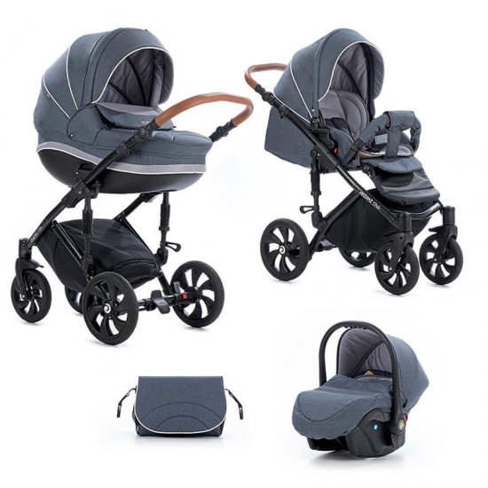 Коляска TUTIS 3 в 1 MIMI STYLE Серый лен светло/серый кожа Коричневая